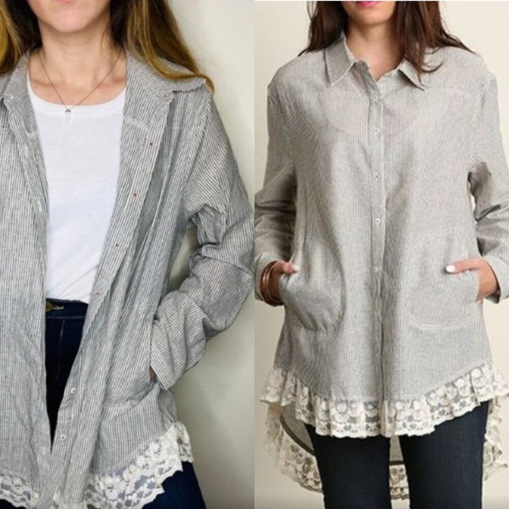 Umgee Striped Button Up Long Tunic Shirt  High Low Shacket Lace Trim Pockets